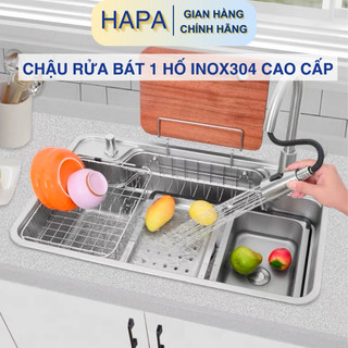 Chậu rửa bát đúc 1 hố vật liệu cao cấp inox304 bền bỉ kháng khuẩn, bồn rửa chén 1 hộc to phủ nano đen hapa