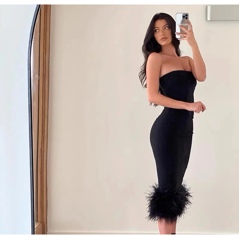 [Order Taobao 15 ngày] Đầm dáng ôm body dự tiệc cúp quây phối lông chân váy