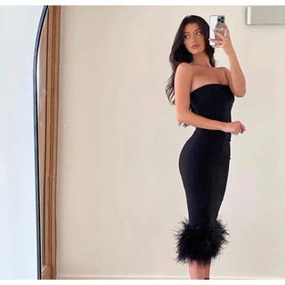 [Order Taobao 15 ngày] Đầm dáng ôm body dự tiệc cúp quây phối lông chân váy