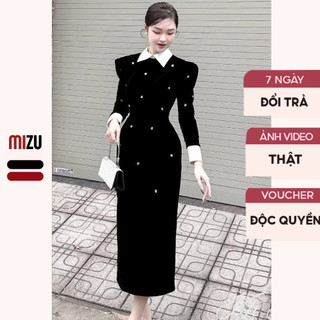 Váy Nhung Dự Tiệc Cổ Sơ Mi Đính Đá Dài Tay Sang Trọng - Đầm Dáng Bút Chì Tôn Đường Cong Quyến Rũ Sắc Đỏ Đen MIZU Bigisze