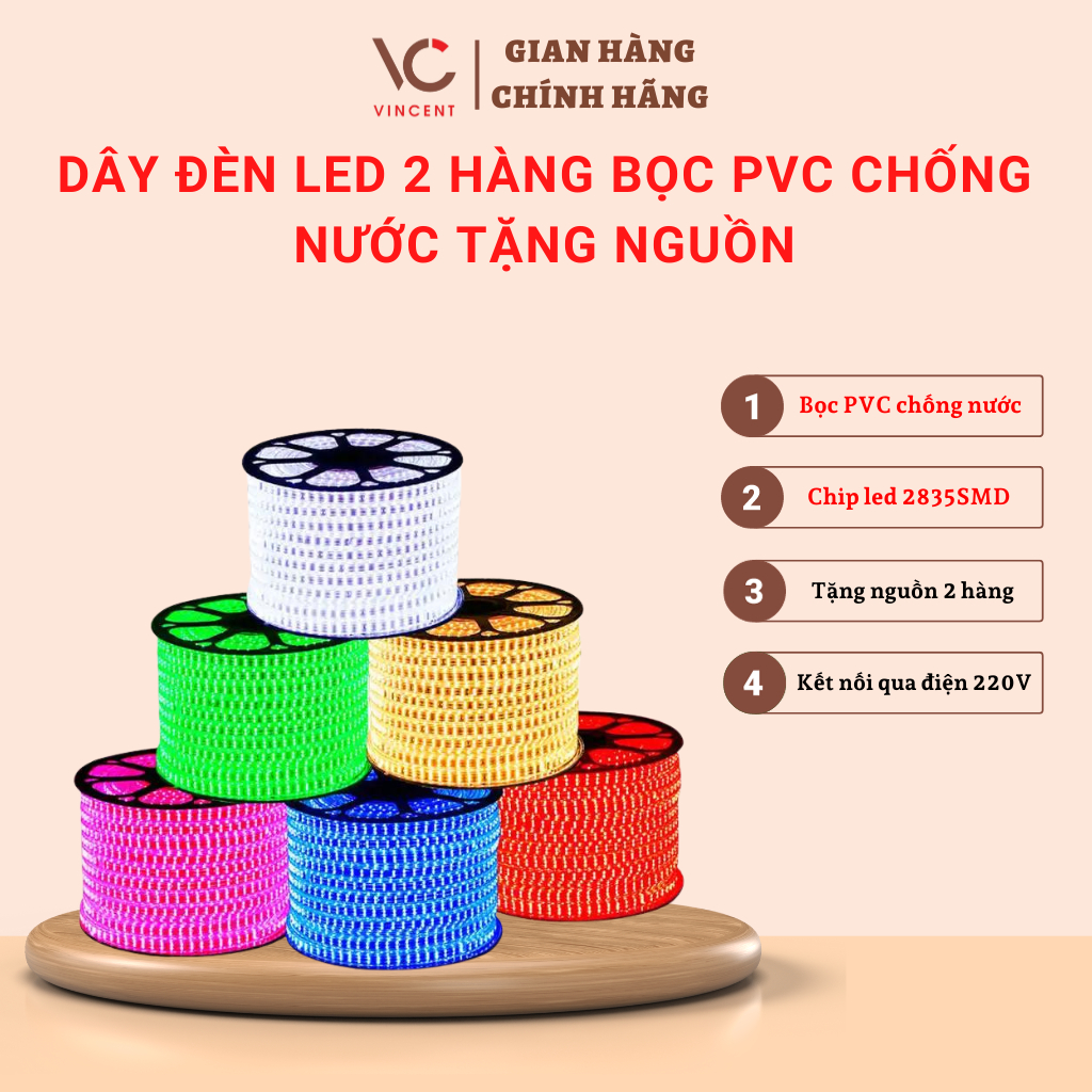 30MDây đèn led 2 hàng 2835SMD bọc PVC cao cấp 5m,10m,15m,30m TẶNG NGUỒN,dây trang tri tết cuốn cây, hắt trần chống nước