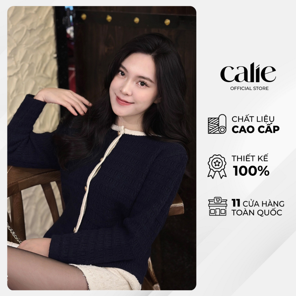 Áo len cardigan Freesize phối viền trắng cổ tròn tiểu thư thời trang thiết kế nữ Calie AL134