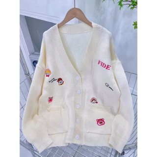Áo Khoác Cardigan Thêu Gấu Dâu Nhỏ Len Dày Form Rộng Xinh Xắn, Labibi
