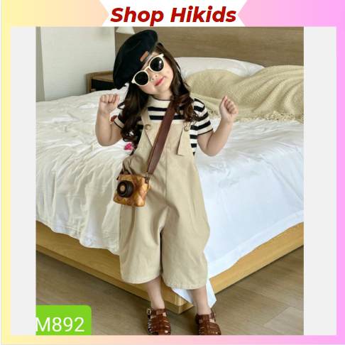 Set TẾT Áo Cotton Kẻ Đen Trắng + Yếm Kaki Mềm Màu Be Cho Bé Gái Sofia 2-12 Tuổi 13-45Kg Đi Học, Tiệc, Chơi Du Lịch