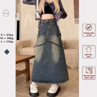 ( ảnh shop chụp ) Chân váy jeans bò loang túi hộp dáng dài xẻ sau Spring Chanvay4500/P0K45