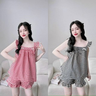 Đồ Bộ Kiểu Kẻ Sọc Caro Quần Đùi Chất Vải Lụa Mềm Cho Nữ Mặc Nhà