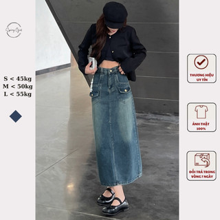 ( ảnh shop chụp ) Chân váy jean Lưng Cao Có Túi Phong Cách retro Spring Cvjean2tui212/P0K27