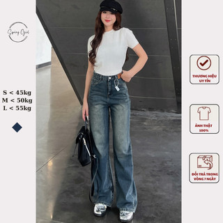( Ảnh shop chụp ) Quần jeans ống suông rộng phối dây rút Spring Quan9062/P5K9