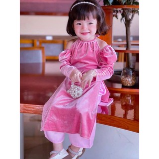 Áo dài tết bé gái, sét áo dài nhung cổ yếm tay dài cho bé .