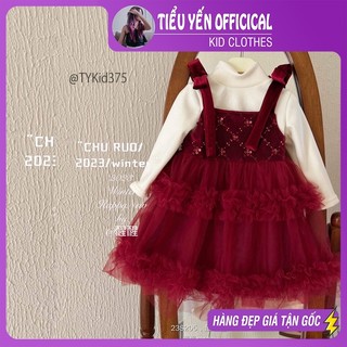 Quần áo trẻ em, Váy nhung đỏ cao cấp bé gái, áo nỉ và váy nhung đỏ xòe bông bềnh cho bé 11-27kg V375 | Tiểu Yến KID