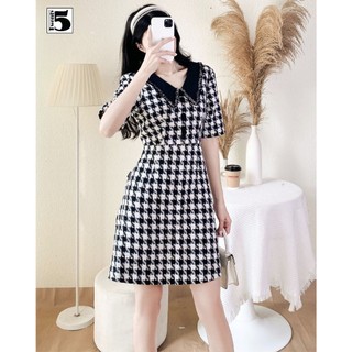 Đầm nữ Twentyfive dáng A xòe tay ngắn cổ phối viền vải dạ tweed 2 lớp HD03