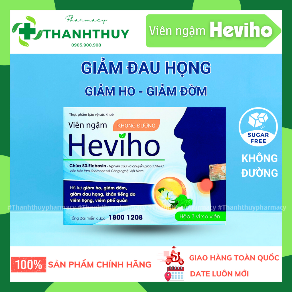 Kẹo Ngậm Ho HEVIHO, Kẹo Ngậm Không Đường, Giúp Giảm Ho, Long Đờm, Giảm Đau Họng, Khản Tiếng, Hộp 18 viên