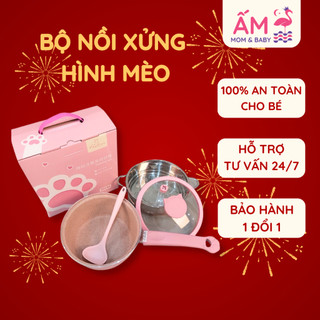 Bộ Nồi Xửng Hấp Hình Mèo Ăn Dặm Ấm Baby An Toàn Tiện Lợi Cho Bé Ấm Gift Decor