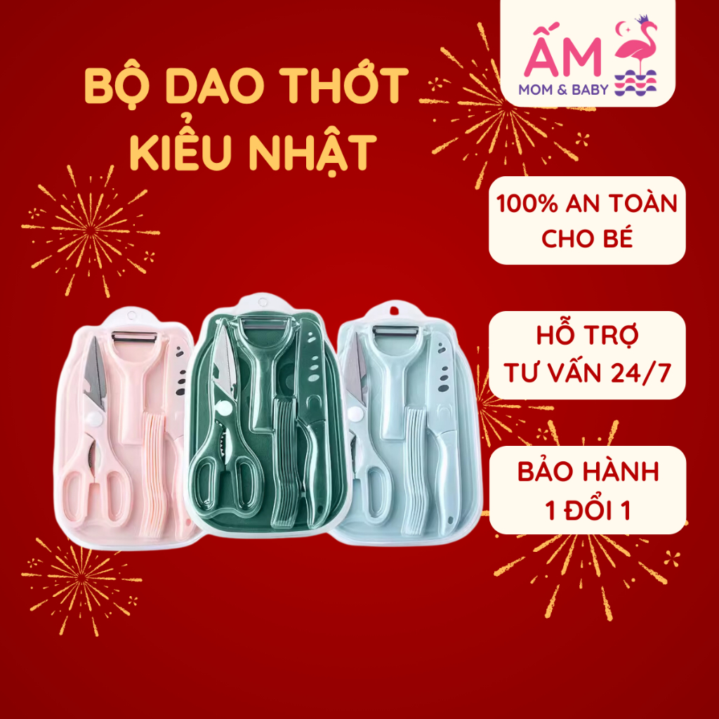 Bộ Dụng Cụ Dao Thớt Nĩa Kiểu Nhật Ấm Baby Chế Biến Đồ Ăn Dặm Kiểu Nhật Cho Bé - Hàng Nhật Xịn Ấm Gift Decor