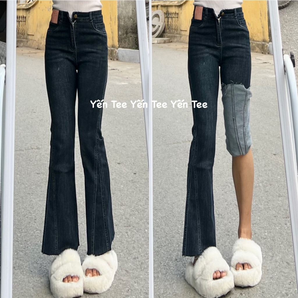 Quần jeans ống loe gấu lệch Yến Tee , Quần che khuyết điểm