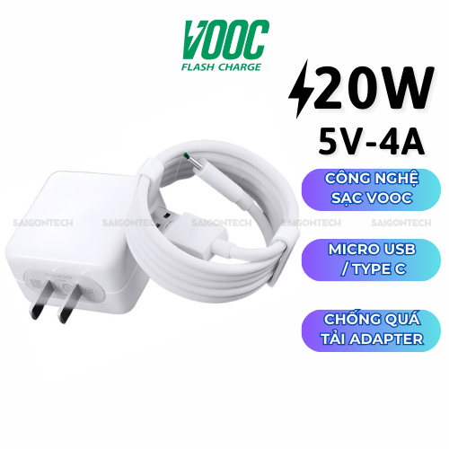 Combo Bộ Cục Củ Sạc Và Dây Cáp Sạc VOOC Oppo 20W Micro Usb/Type C Dây dài 1 mét dùng cho oppo samsung xiaomi vivo