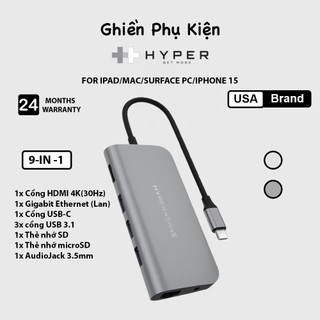 Cổng chuyển hyperdrive 9 in 1 hd30f for ipad/macbook/surface/ultrabook/chromebook/pc/iphone 15 devices