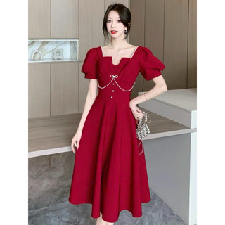 Đầm hotnew  FOR MỀM cổ vuông tay ngắn đính phụ kiện dây váy xoè xd đen đỏ 2 màu sang chảnh