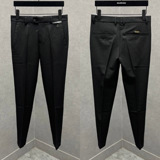 Quần tây âu nam Eo Vì vải chéo 79 đen trơn thêu mác chữ da viền eo tag mác logo đồng dày dặn basic QA24P