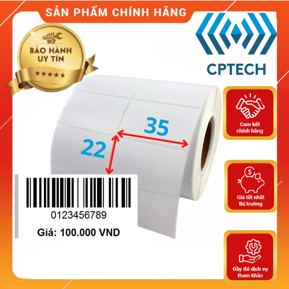 Cuộn in mã vạch, tem nhiệt khổ 2 tem 72x22 mm - 2000 tem, giấy in khổ 35x22 mm, 2 tem/hàng