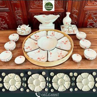 Bộ bát đĩa hoa mặt trời bộ bát đĩa cúng gia tiên men kem vẽ tay bộ bát đĩa gốm sứ bát tràng nhiều mẫu