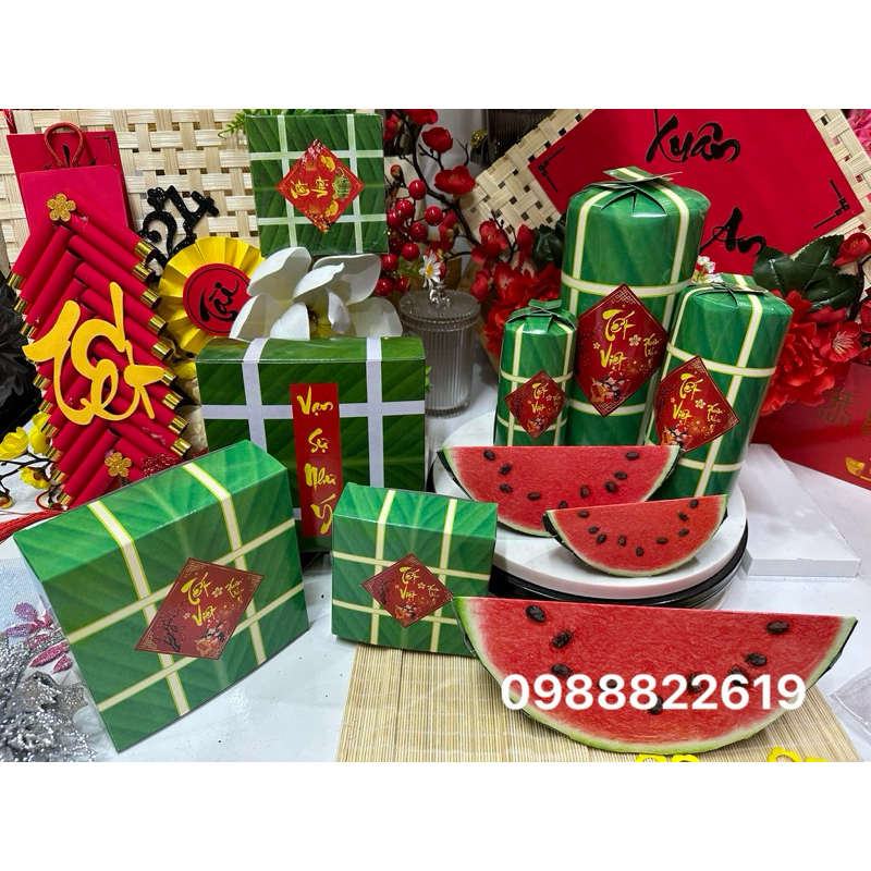 Sỉ mô hình bánh Chưng ,bánh Tét , Dưa Hấu bằng hộp Giấy gấp-trang trí Tết. Bán theo 1 món trang trí TẾT
