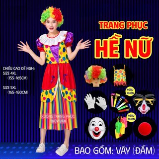 Bộ hề nữ trang phục cô hề ✅ váy đầm chú hề cho nữ giới+phụ kiện. quần áo biểu diễn hóa trang chú hề cô giáo