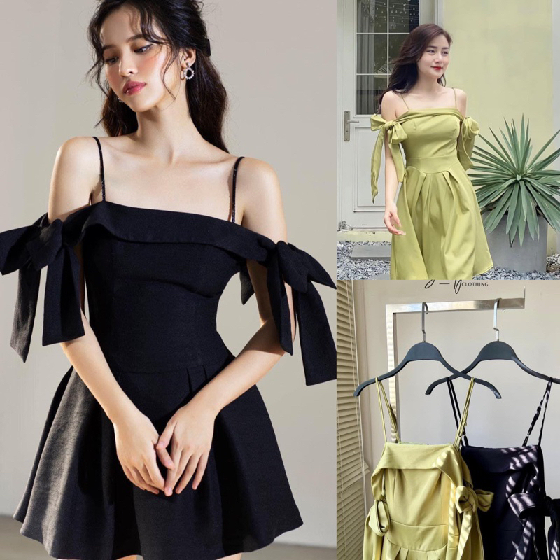 Đầm bẹt vai cột nơ dáng xoè ôm eo tiểu thư (NANCY DRESS)