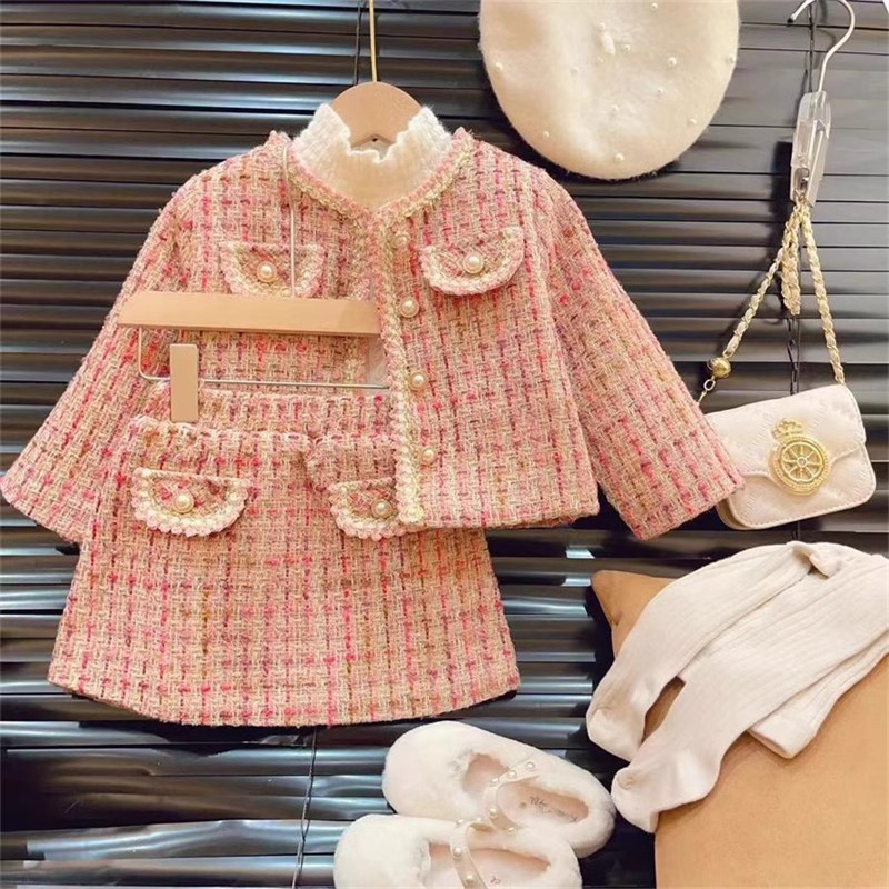 Set áo váy dạ tweed bé gái hồng nâu, set 2 món áo khoác dạ mùa đông cho bé gái phong cách Hàn Quốc