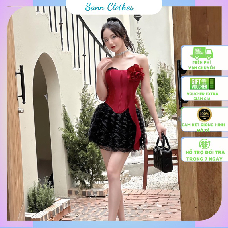 Set áo croset đính hoa dây đan lưng kèm chân váy voan dúm tầng 𝐀𝐒𝐇𝐘𝐋𝐄𝐘