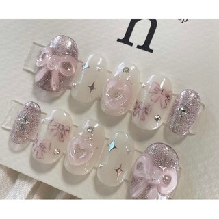 Nailbox thiết kế móng ngắn lấp lánh vẽ nơ gel nổi