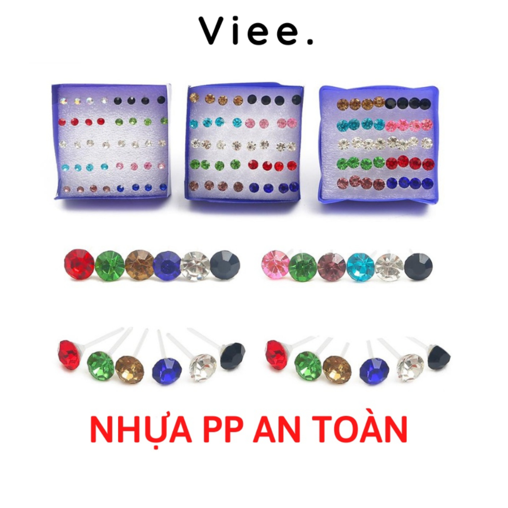 Bông tai nhựa đính đá hộp 20 đôi phong cách đơn giản nhiều màu cho nam nữ Thái Lan