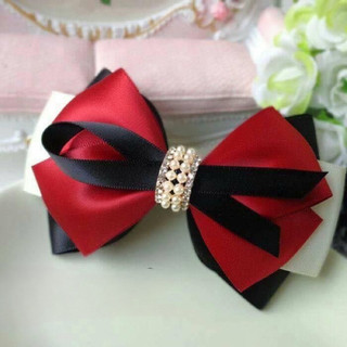 Kẹp búi lưới handmade màu đỏ đính dây nơ đen K50