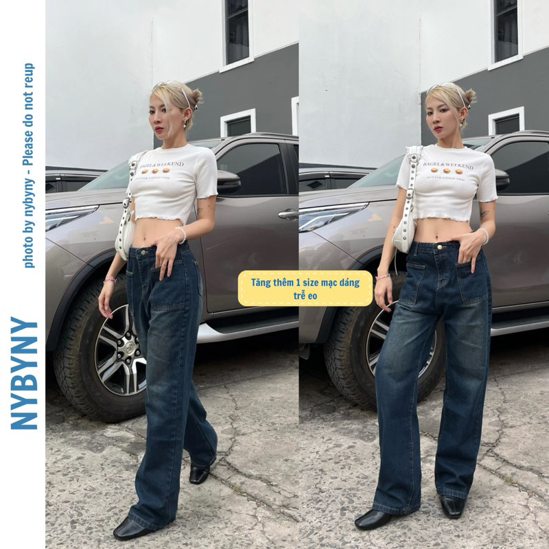 Quần jean ống rộng lưng cao màu xanh đậm túi vuông trước nybyny Kool