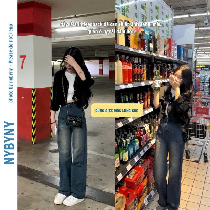 Quần jean ống rộng lưng cao màu xanh đậm túi vuông trước nybyny Kool