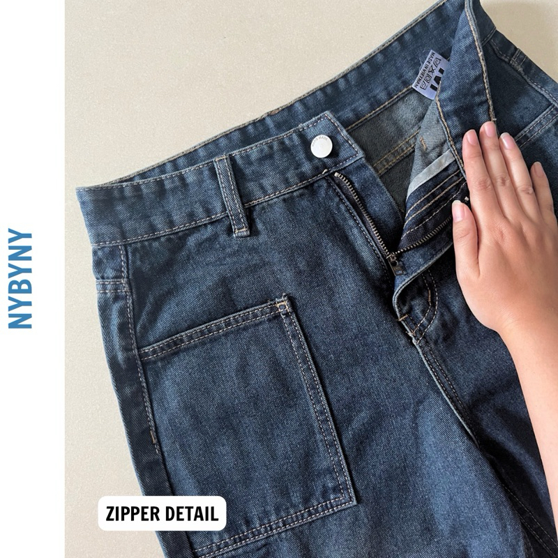 Quần jean ống rộng lưng cao màu xanh đậm túi vuông trước nybyny Kool
