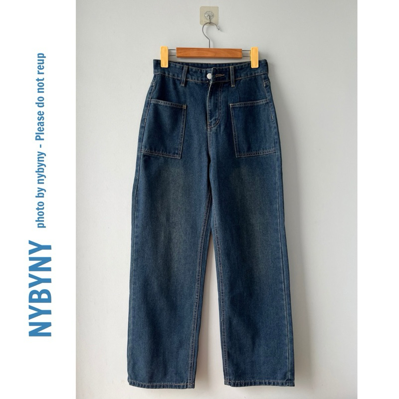 Quần jean ống rộng lưng cao màu xanh đậm túi vuông trước nybyny Kool