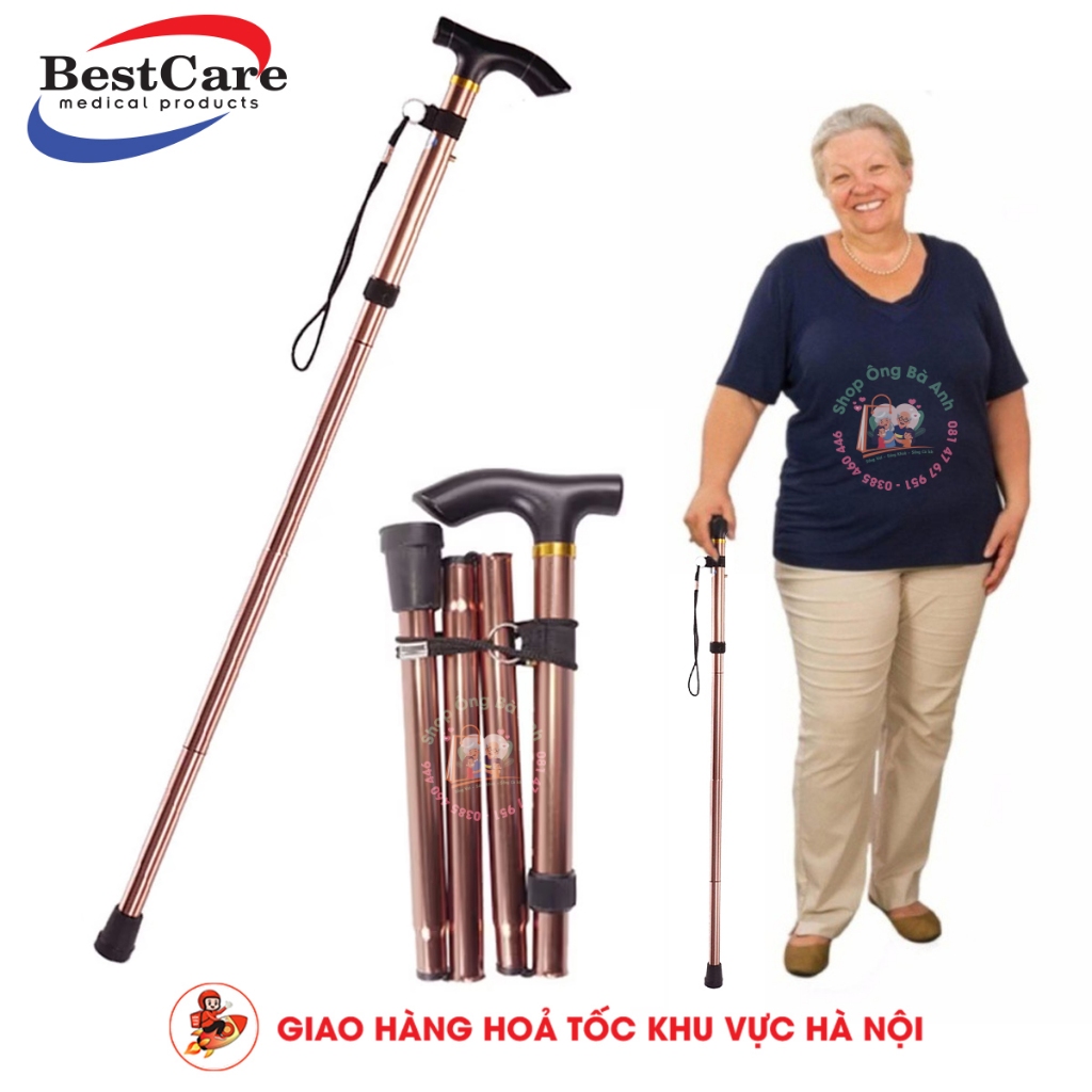 Gậy chống, Gậy Batoong BestCare Chính Hãng gấp gọn 4 khúc cho người già có đế cao su chống trượt