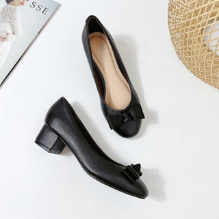 Giày cao gót búp bê mũi tròn 3 phân xi mờ cao cấp êm mềm Annmodels phối nơ ú thời trang _A893NUCH