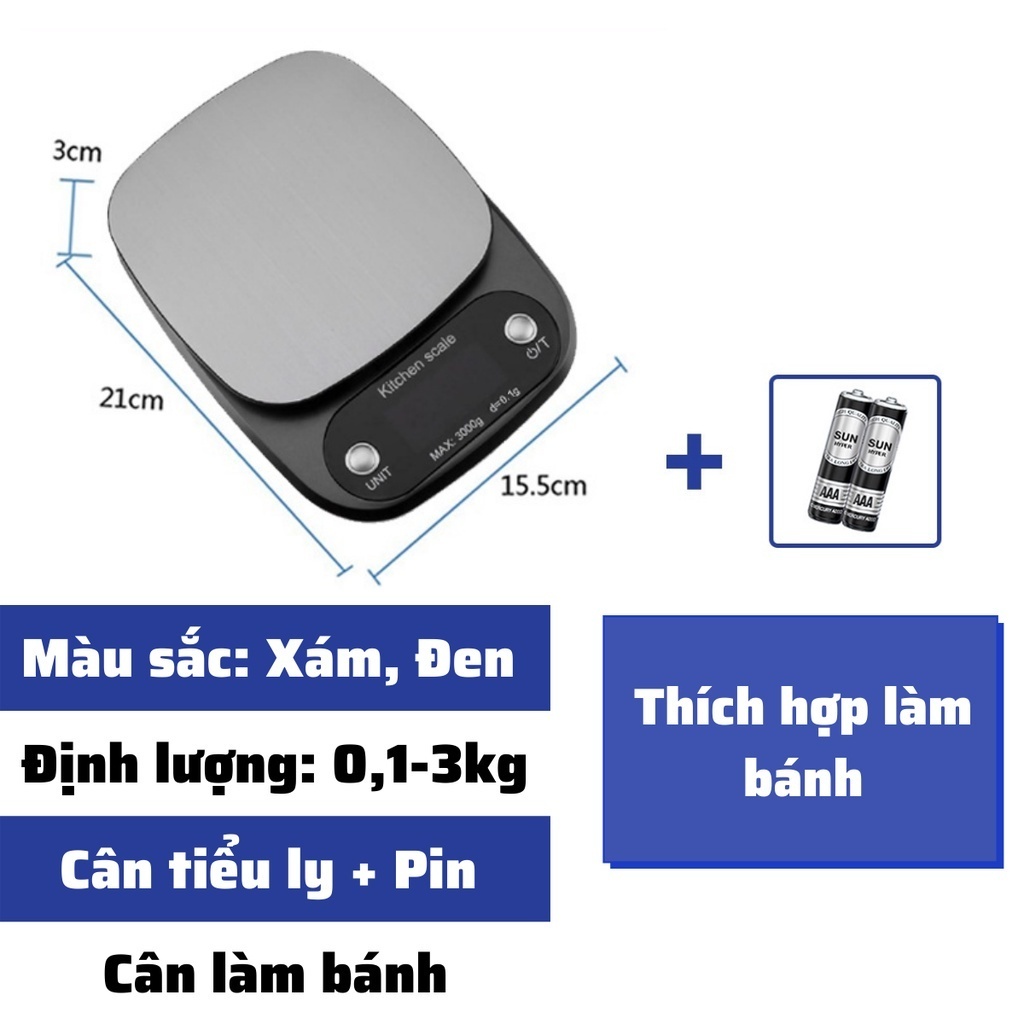 Cân tiểu ly điện tử nhà bếp mini định lượng 1g - 10kg làm bánh độ chính xác cao kèm 2 viên pin AAA