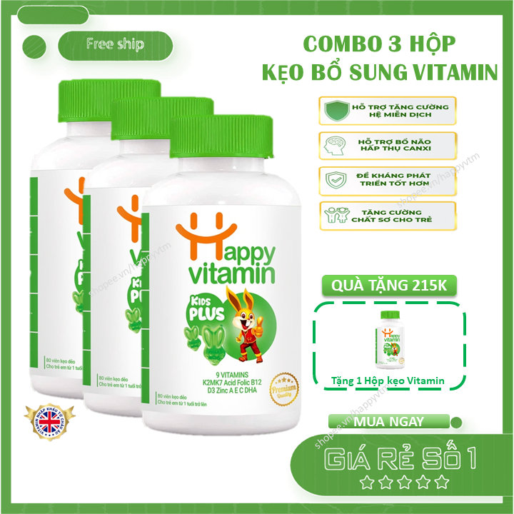 Combo 3 Kẹo dẻo Happy vitamin kids Plus+ cho bé từ 1~15 tuổi, bé ăn ngon, tăng chiều cao