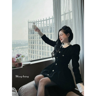 Váy Nhung Phối Cổ Tay Bồng