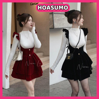  Set váy nữ 3 chi tiết,Set yếm váy Nhung cánh tiên phối áo trắng cổ lọ tay dài,phong cách xinh xắn tiểu thư HB92 HOASUMO 