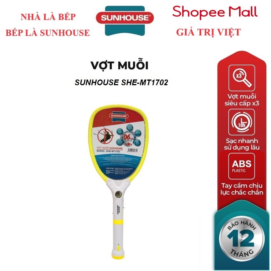 Vợt muỗi SUNHOUSE SHE-MT1702- Tích hợp đèn LED siêu sáng và đèn báo sạc tiện dụng, Nhựa ABS an toàn, chịu va đập