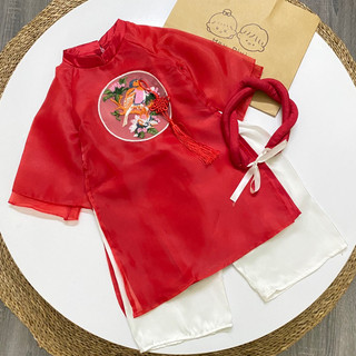 [HEY, DIXI] SET ÁO DÀI ĐỎ ĐÁP THÊU + QUẦN LỤA + MẤN (HÀNG CÓ SẴN)