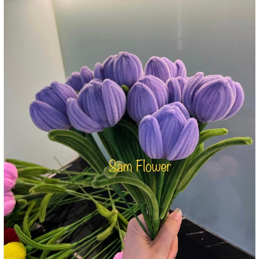 Set Nguyên Liệu Làm Bó Hoa Tulip 15 Bông Bằng Kẽm Nhung Tặng Kèm Đèn Bộ Phụ Kiện DIY Làm Hoa Quà Tặng Sinh Nhật