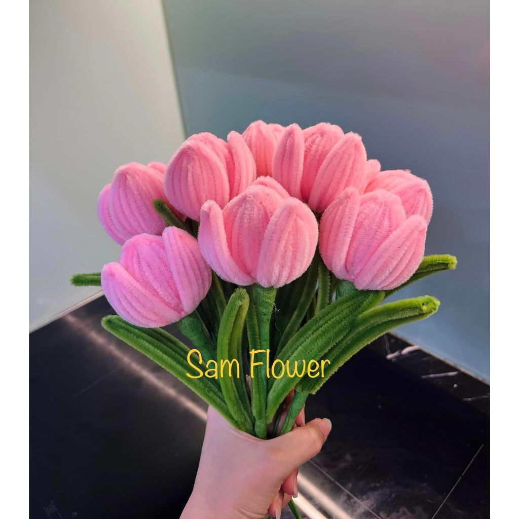 Set Nguyên Liệu Làm Bó Hoa Tulip 15 Bông Bằng Kẽm Nhung Tặng Kèm Đèn Bộ Phụ Kiện DIY Làm Hoa Quà Tặng Sinh Nhật
