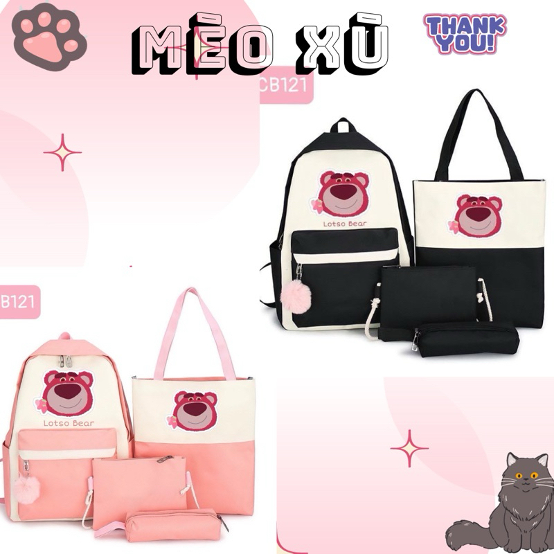 balo 4 món set bộ gấu dâu Hồng và đen cute đi học cặp vừa A4