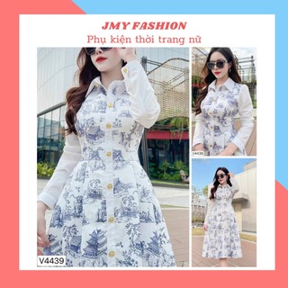 V4439 Váy sơ mi trắng phối họa tiết nữ tính sang trọng [Dolce Viva Colection (DVC)] váy đầm công sở tay dài thanh lịch