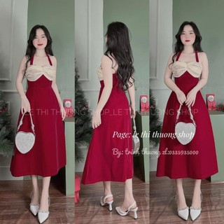 Đầm nhung nữ dài cổ yếm cột dây họa tiết nhún ngưc phối voan xinh xắn với hai tone màu đỏ đen nổi bật thời thượng